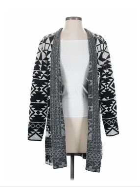 FRYE Black White Gray Geometric Aztec Open Front Cardigan Long Sweater Small